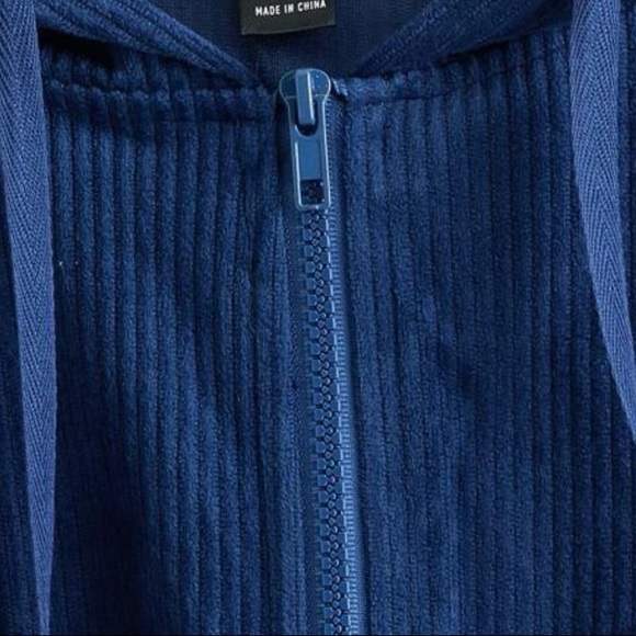 Navy Blue Cropped Drop Shoulder Drawstring Corduroy Jacket with Hood NWOT - Picture 3 of 16